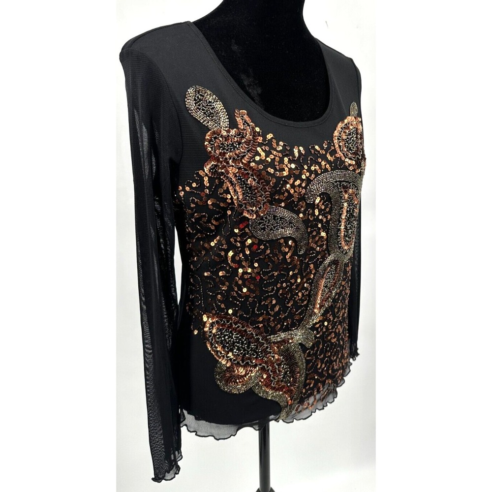 Cartise Womens Scoop Neck Long Sleeve Top Large Black Bronze Sequin Knit - Picture 9 of 14